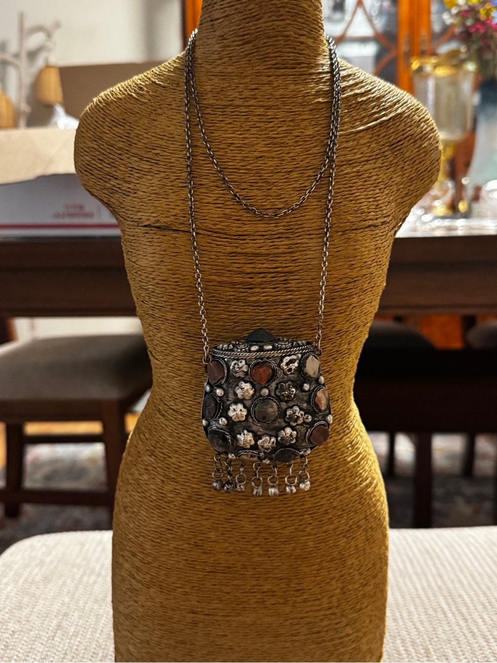 Artisan Floral Silver-Tone Pendant Necklace with Brown Accents